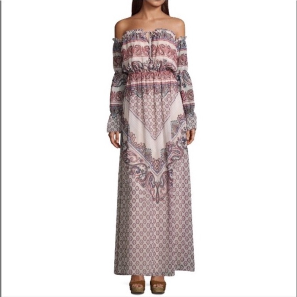 ⭐️Love Reign Tan Multi Printed Off the Shoulder Boho Maxi Dress